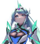  1girl bangs breasts chest_jewel earrings gem greek_text green_eyes green_hair hakusai_(hksicabb) headpiece highres jewelry large_breasts long_hair pneuma_(xenoblade) ponytail solo swept_bangs tiara very_long_hair xenoblade_chronicles_(series) xenoblade_chronicles_2 