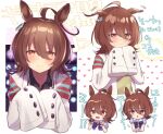  !? 1girl agnes_tachyon_(umamusume) ahoge animal_ears arrow_(symbol) bangs brown_eyes brown_hair closed_mouth earrings ears_down english_text hair_between_eyes hands_up heart horse_ears jewelry labcoat looking_at_viewer medium_hair mi_(m_lko2) multiple_views open_mouth purple_shirt raised_eyebrows school_uniform shirt single_earring sleeves_past_wrists smile split_mouth tracen_school_uniform translation_request twitter_username umamusume upper_body white_background 