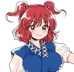  bangs blue_shirt breasts closed_mouth discowars hair_bobbles hair_ornament large_breasts looking_at_viewer medium_hair onozuka_komachi red_eyes redhead shirt short_sleeves simple_background smile touhou two_side_up upper_body white_background white_shirt 