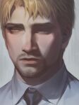  1boy anderain bangs blonde_hair collared_shirt face facial_hair formal goatee lips looking_to_the_side male_focus necktie one_eye_covered portrait reiner_braun shingeki_no_kyojin shirt short_hair solo yellow_eyes 