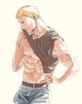 1boy abs alternate_costume bare_arms bare_pectorals bare_shoulders belt black_shirt blonde_hair casual clothes_lift denim feet_out_of_frame from_side highres jeans male_focus muscular muscular_male navel nene_(10575936) nipples pants pectorals reiner_braun shingeki_no_kyojin shirt shirt_lift short_hair solo sweat tied_sleeves white_background wiping_sweat 