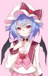  1girl alternate_costume ametama_(runarunaruta5656) arm_up bangs bat_wings black_choker blush bow choker collarbone diamond-shaped_pupils diamond_(shape) fang fang_out flat_chest flower frilled_bow frills hat hat_bow hat_ribbon highres long_sleeves looking_at_viewer mob_cap nail_polish pink_background pink_skirt purple_hair red_bow red_eyes red_nails red_ribbon remilia_scarlet ribbon rose shirt short_hair simple_background skirt smile solo standing symbol-shaped_pupils touhou upper_body white_shirt wings 