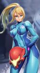  1girl bangs blonde_hair blue_bodysuit blue_eyes blurry blurry_background bodysuit breasts closed_mouth covered_navel covered_nipples glowing helm helmet high_ponytail highres holding impossible_bodysuit impossible_clothes large_breasts lips long_hair looking_at_viewer lyoung0j metroid samus_aran shiny shiny_clothes skin_tight smile solo sweat swept_bangs turtleneck zero_suit 