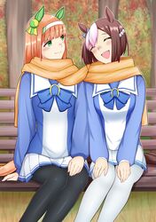  2girls a animal_ears bench black_legwear blue_ribbon blue_shirt brown_hair closed_eyes ear_covers feet_out_of_frame green_eyes highres hime_cut horse_ears horse_girl horse_tail multiple_girls orange_hair orange_scarf pantyhose pleated_skirt ribbon rikkii_(likito_yuzu_is) scarf school_uniform shared_scarf shirt short_hair sidelocks silence_suzuka_(umamusume) skirt smile special_week_(umamusume) tail tracen_school_uniform umamusume white_legwear white_skirt winter_uniform 