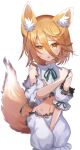  1girl ametama_(runarunaruta5656) animal_ear_fluff animal_ears bangs between_legs blonde_hair blood blood_on_face burnt_clothes commentary_request cowboy_shot fox_ears fox_tail green_ribbon hair_between_eyes hand_between_legs hand_on_own_shoulder highres injury kudamaki_tsukasa looking_at_viewer messy_hair navel open_mouth puffy_short_sleeves puffy_sleeves ribbon romper short_sleeves simple_background solo standing stomach tail torn_clothes touhou upper_body white_background yellow_eyes 