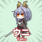  1girl akafuyu_(arknights) arknights bangs black_cape cape commentary crossed_bangs dog-san emphasis_lines high_ponytail holding holding_sword holding_weapon katana long_hair meme midriff pantyhose purple_hair red_eyes red_legwear solo standing sword translation_request weapon 