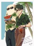  2boys artist_name black_hair black_pants brown_pants collared_shirt cowboy_shot cup eurya8 food fruit green_shirt hawaiian_shirt holding holding_cup holding_plate kali_(the_legend_of_luoxiaohei) leaf male_focus multiple_boys outline pants plant plate print_shirt shirt shirt_tucked_in short_hair short_sleeves smile sunglasses the_legend_of_luo_xiaohei tree tubei_(the_legend_of_luoxiaohei) undercut watermelon watermelon_slice white_outline 