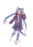  1girl animal_ears barefoot blue_hair cat_ears cat_tail choker feet green_eyes long_hair looking_at_viewer meracle_chamlotte misono_mitama open_mouth simple_background smile solo star_ocean star_ocean_the_last_hope striped striped_legwear tail twintails white_background 