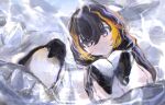  1girl animal_hood bangs bird black_hair black_hoodie expressionless grey_eyes highres hood hood_down hoodie ice kneeling looking_at_viewer multicolored_hair nijisanji nijisanji_en orange_hair penguin penguin_hood petra_gurin short_hair sleeves_past_fingers sleeves_past_wrists streaked_hair virtual_youtuber water yubisaki_(ms16nr) 