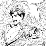  1boy anderain arms_at_sides bat_wings belial_(granblue_fantasy) black_hair demon_boy demon_wings evil_smile fang feather_boa foreshortening granblue_fantasy greyscale male_focus monochrome pectoral_cleavage pectorals red_eyes short_hair smile solo spot_color toned toned_male wings 