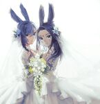  2girls absurdres animal_ears avatar_(ffxiv) bloom blue_eyes blue_hair bouquet breasts bridal_veil dress eyelashes final_fantasy final_fantasy_xiv flower hair_flower hair_ornament hair_over_shoulder heterochromia highres kohina27831 leaf lily_(flower) multiple_girls parted_lips rabbit_ears rose simple_background small_breasts smile veil wedding wedding_dress white_background wife_and_wife yellow_eyes yuri 