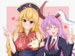  2girls animal_ears bangs bare_shoulders belt black_belt black_headwear black_jacket blonde_hair blush border breasts buttons china_dress chinese_clothes closed_eyes closed_mouth collar collared_shirt crescent detached_sleeves dress eyebrows_visible_through_hair hair_between_eyes hand_up hat heart highres jacket junko_(touhou) large_breasts long_hair long_sleeves looking_at_viewer medium_breasts multiple_girls necktie open_mouth phoenix_crown pink_background purple_hair rabbit_ears red_dress red_eyes red_heart red_neckwear reisen_udongein_inaba shirt simple_background smile tasuku_(tusktouhou4) touhou upper_body v white_border white_shirt wide_sleeves 