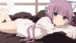  1girl ass azur_lane bangs bed_sheet blue_eyes blush bow closed_mouth commentary_request eyebrows_visible_through_hair hair_bow long_hair long_sleeves looking_at_viewer lying on_stomach oueo panties purple_hair shirt sleeves_past_wrists socks solo tashkent_(azur_lane) underwear very_long_hair white_bow white_legwear white_panties white_shirt window 
