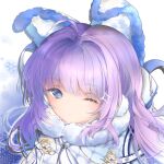  1girl azur_lane blue_eyes coat eyebrows_visible_through_hair fur-trimmed_coat fur_trim highres long_hair looking_at_viewer one_eye_closed purple_hair sherly_hiberna simple_background snowflakes solo tashkent_(azur_lane) upper_body white_background 