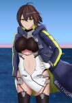  absurdres ahoge azur_lane baltimore_(azur_lane) black_legwear black_leotard blue_coat blue_jacket braid breasts brown_hair center_opening character_name clothing_cutout clouds cloudy_sky coat cowboy_shot dawn dress eyebrows_visible_through_hair french_braid gloves gradient_sky hair_between_eyes hand_on_hip highres hood hooded_coat hooded_jacket jacket kalinin4410 large_breasts leotard long_sleeves looking_at_viewer morning multicolored_coat name_tag ocean outdoors short_hair sky stomach_cutout thigh-highs underboob_cutout water white_gloves yellow_eyes 