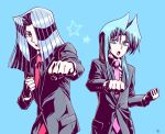  2boys aqua_eyes aqua_hair black_jacket blue_background business_suit clenched_hand collared_shirt formal hair_over_one_eye jacket long_sleeves multiple_boys necktie open_mouth pegasus_j_crawford pink_neckwear red_neckwear shirt silver_hair simple_background star_(symbol) suit tenma_yako tsuukounin_a upper_body white_shirt yu-gi-oh! yu-gi-oh!_r 