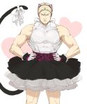  1boy alternate_costume animal_ears bare_arms bare_shoulders black_skirt blonde_hair bow cat_ears cat_tail covered_abs covered_nipples crossdressing fake_animal_ears feet_out_of_frame frilled_skirt frills frown hands_on_hips highres impossible_clothes looking_at_viewer male_focus muscular muscular_male nene_(10575936) pectorals reiner_braun shingeki_no_kyojin short_hair skin_tight skirt sleeveless solo straight-on tail tail_bow tail_ornament thighs 