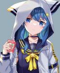  1girl animal_hood apple_juice bangs black_sailor_collar black_shirt blue_eyes blue_hair cat_hood chibi choker collarbone commentary_request drink drinking drinking_straw earrings eyebrows_visible_through_hair gekka_(luna_gekka) highres holding holding_drink hololive hood hood_up hooded_jacket hoshimachi_suisei jacket jewelry juice_box long_hair looking_at_viewer neckerchief open_clothes open_jacket sailor_collar shirt solo star_(symbol) star_in_eye symbol_in_eye virtual_youtuber white_jacket yellow_neckwear 