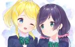  2girls ayase_eli bangs birthday commentary_request eichisu long_hair love_live! love_live!_school_idol_project low_twintails multiple_girls one_eye_closed otonokizaka_school_uniform pink_scrunchie ponytail school_uniform scrunchie shiny shiny_hair sidelocks smile toujou_nozomi twintails upper_body white_scrunchie 