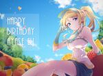  1girl ayase_eli bangs birthday blonde_hair blue_eyes blue_neckwear breasts character_name clouds cloudy_sky commentary_request dated elbow_gloves english_text eyebrows_visible_through_hair food fruit gloves grapes happy_birthday large_breasts long_hair looking_at_viewer love_live! love_live!_school_idol_project morugen orange_(fruit) polka_dot_neckwear ponytail scrunchie shirt short_shorts shorts sidelocks sitting sky solo strapless strapless_shirt strawberry visor_cap white_scrunchie 