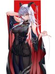  1girl aegir_(azur_lane) asymmetrical_footwear azur_lane bare_shoulders black_cape bodystocking boots breast_curtains breasts cape covered_navel cross-laced_clothes demon_horns hair_in_mouth hair_on_horn hair_over_breasts highres horns impossible_clothes iron_cross knee_boots large_breasts long_hair multicolored_hair red_background redhead silver_hair single_knee_boot skin_tight skindentation solo standing streaked_hair two-tone_background two-tone_hair underbust uneven_footwear very_long_hair white_background y_yion yellow_eyes 