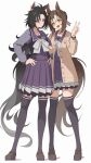  2girls absurdres air_shakur_(umamusume) animal_ears bangs black_hair black_legwear brown_footwear brown_hair chain closed_mouth clover_hair_ornament collared_shirt ear_piercing english_commentary eyebrow_piercing fine_motion_(umamusume) frills full_body furrowed_brow green_eyes grey_background hair_ornament hands_on_hips highres horse_ears horse_girl horse_tail jacket loafers locked_arms long_hair long_sleeves looking_at_viewer medium_hair multiple_girls nsb36046_(na) open_mouth piercing pleated_skirt purple_shirt purple_skirt sailor_collar school_uniform shirt shoes simple_background skirt smile standing tail teeth thigh-highs tracen_school_uniform umamusume upper_teeth v yellow_eyes 
