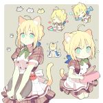  1girl 87banana ahoge animal_ears artoria_pendragon_(fate) blonde_hair blush bow bowtie breasts cat cat_ears cat_girl cat_tail closed_eyes commentary_request crown eating eyebrows_visible_through_hair fate/stay_night fate_(series) fish green_eyes hair_between_eyes hair_bun heart holding holding_tray looking_at_viewer mini_crown multiple_views saber short_sleeves sleeping small_breasts tail tray waitress 