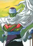  1boy absurdres billowing_cape cape colored_skin cowboy_shot day dragon_ball dragon_ball_z feet_out_of_frame green_skin highres looking_at_viewer namekian official_art outdoors piccolo pointy_ears scan serious solo torn_clothes turban 