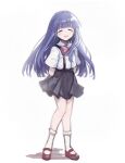  1girl arms_behind_back bangs black_skirt blue_hair blunt_bangs blush bobby_socks bow closed_eyes collared_shirt commentary_request facing_viewer full_body furude_rika highres higurashi_no_naku_koro_ni knees_together_feet_apart korean_commentary long_hair mary_janes mixed-language_commentary multiple_sources parted_lips pink_bow pink_bowtie pleated_skirt red_footwear shirt shoes short_sleeves simple_background sketch skirt smile socks solo standing suspender_skirt suspenders white_background white_legwear white_shirt wing_collar yang38 