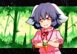  1girl :d animal_ears bamboo bamboo_forest black_hair blush_stickers carrot_necklace crossed_arms dress eyebrows_visible_through_hair forest green_background inaba_tewi looking_at_viewer multicolored multicolored_eyes nature neck_ribbon open_mouth orange_eyes outdoors pink_dress puffy_short_sleeves puffy_sleeves qqqrinkappp rabbit_ears red_neckwear red_ribbon ribbon short_hair short_sleeves smile solo touhou traditional_media upper_body v-shaped_eyebrows 