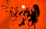  1girl arms_at_sides bird commentary_request dress feathers feet_out_of_frame flock from_side furude_rika highres higurashi_no_naku_koro_ni long_hair looking_away momotarekawa monochrome orange_theme profile signature solo standing sun sundress surreal 