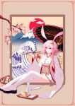  1girl absurdres alcohol animal_ears bangs beige_background branch cherry_blossoms cup dress drinking_glass flip-flops fox_ears full_body goblet hair_between_eyes hair_ornament highres holding holding_umbrella honkai_(series) honkai_impact_3rd japanese_clothes kimono kiseru long_sleeves mochimochi_qwq mountain oil-paper_umbrella painting_(object) petals pink_hair pipe sandals simple_background sitting smoking solo sun tray umbrella violet_eyes water wedding_dress white_kimono white_legwear wind_chime wine wine_glass yae_sakura yae_sakura_(gyakushinn_miko) 