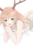  1girl animare antlers aqua_eyes atsushima bangs bare_arms bare_shoulders blonde_hair blurry breasts collarbone depth_of_field elbow_rest eyebrows_visible_through_hair invisible_floor long_hair looking_at_viewer lying medium_breasts multicolored_hair on_stomach one-piece_swimsuit parted_lips smile solo streaked_hair swimsuit tsukinoki_tirol virtual_youtuber white_background white_swimsuit 