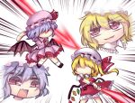  2girls ascot bat_wings crystal emphasis_lines fang fighting flandre_scarlet frilled_shirt_collar frilled_skirt frills hat hat_ribbon laevatein_(touhou) light_purple_hair mob_cap multicolored multicolored_wings multiple_girls open_mouth puffy_short_sleeves puffy_sleeves red_neckwear red_ribbon red_skirt red_vest remilia_scarlet ribbon shirt shoes short_hair short_sleeves siblings side_ponytail sidelocks simple_background sisters skin_fang skirt slit_pupils smug socks spear_the_gungnir touhou unime_seaflower v-shaped_eyebrows vest white_background white_legwear white_shirt wings wrist_cuffs yellow_neckwear 