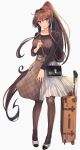  1girl alternate_costume bag black_legwear brown_eyes brown_hair brown_shirt collarbone eyebrows_visible_through_hair flower full_body grey_background hair_between_eyes hair_flower hair_ornament highres kantai_collection kasumi_(skchkko) long_hair long_sleeves pantyhose pink_flower pleated_skirt ponytail shirt shoulder_bag simple_background skirt solo suitcase very_long_hair white_skirt yamato_(kancolle) 