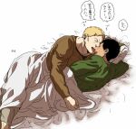  2boys bertolt_hoover black_hair blonde_hair blush borrowed_garments casual couple dark-skinned_male dark_skin from_above green_shirt imminent_kiss licking licking_face licking_nose lying male_focus multiple_boys on_bed on_side reiner_braun shingeki_no_kyojin shirt short_hair toned toned_male translation_request zyunya 