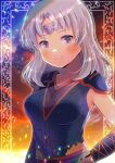  1girl bangs blue_jacket blurry blurry_background blush breasts closed_mouth commission copyright_request depth_of_field eyebrows_visible_through_hair grey_eyes grey_hair headpiece jacket kou_hiyoyo long_hair medium_breasts parted_bangs shoulder_pads skeb_commission smile solo sunset upper_body 