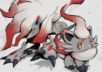  bright_pupils claws commentary_request evolutionary_line fangs fangs_out gonzarez grey_fur highres hisuian_zoroark hisuian_zorua looking_at_viewer orange_eyes pokemon pokemon_(creature) sitting white_pupils yellow_eyes 