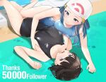  2girls bangs black_hair black_swimsuit blue_eyes blue_hair blue_swimsuit breasts character_request commentary_request competition_swimsuit copyright_request hair_between_eyes hand_on_another&#039;s_chest long_hair lying medium_breasts multiple_girls on_back on_side one-piece_swimsuit pool poolside short_hair swim_cap swimsuit vegetablenabe 
