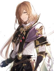  1boy braid brown_eyes brown_hair feb_itk gloves granblue_fantasy lamorak_(granblue_fantasy) long_hair male_focus smile solo white_background 