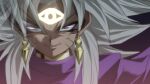  1boy big_hair dark-skinned_male dark_skin earrings evil_smile facial_mark forehead_mark gold grey_hair jewelry looking_at_viewer male_focus rom_(20) sidelocks smile solo upper_body veins violet_eyes yami_marik yu-gi-oh! yu-gi-oh!_duel_monsters 