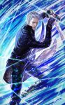  1boy belt black_coat blue_eyes coat commentary devil_may_cry_(series) devil_may_cry_5 fingerless_gloves gloves grey_hair hair_slicked_back jiao_mao katana male_focus pants solo standing sword vergil_(devil_may_cry) weapon 