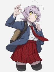  1other antenna_hair backpack bag bangs blush bright_pupils brown_bag closed_mouth collared_shirt commentary_request cowboy_shot eyebrows_visible_through_hair hands_up highres jacket komi-san_wa_komyushou_desu long_sleeves necktie ok_sign open_clothes open_jacket osana_najimi_(komi-san_wa_komyushou_desu) other_focus pleated_skirt red_neckwear red_skirt school_uniform shirt skirt smile solo takita_(takita3411) thigh-highs white_pupils white_shirt yellow_eyes 