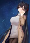  1girl absurdres agano_(azur_lane) agano_(dating_game?)_(azur_lane) azur_lane black_hair blush breasts brown_coat coat commentary_request dress highres kanahigu large_breasts long_hair meteor_shower night night_sky open_clothes open_coat pantyhose ponytail red_eyes sky solo sweater sweater_dress turtleneck turtleneck_sweater 