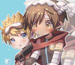  2boys bandam blonde_hair blue_background blush brown_hair character_request child closed_mouth commentary commission dark-skinned_male dark_skin goggles goggles_on_head headgear made_in_abyss male_focus multiple_boys pointy_ears regu_(made_in_abyss) skeb_commission staring yellow_eyes 