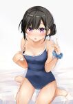  1girl bangs barefoot black_hair blue_scrunchie blue_swimsuit blush breasts clothes_pull collarbone commentary_request covered_navel full_body hands_up highres index_finger_raised looking_at_viewer miyuki_(yxbt7) open_mouth original pulled_by_self school_swimsuit scrunchie side_bun simple_background sitting small_breasts swimsuit swimsuit_pull violet_eyes wariza white_background wrist_scrunchie 