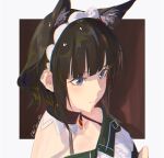  1girl animal_ear_fluff animal_ears blue_eyes brown_background brown_hair cat_ears closed_mouth collarbone commentary darah detached_collar expressionless genshin_impact highres katheryne_(genshin_impact) maid_headdress shirt short_hair solo twitter_username upper_body white_background white_shirt 