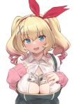  1girl :d bangs between_breasts blonde_hair blue_eyes blush breasts cleavage_cutout clothing_cutout curly_hair dollar_bill eyebrows_visible_through_hair fang furrowed_brow hands_on_own_chest highres kani_biimu_(vtuber) large_breasts long_hair long_sleeves looking_at_viewer money open_clothes open_mouth open_shirt original partially_unbuttoned rebutsu shirt sidelocks sleeves_past_wrists smile twintails upper_body white_shirt 