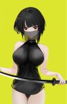  1girl arknights bare_shoulders black_hair breasts choker collar covered_mouth highres large_breasts leotard looking_at_viewer mask mouth_mask omone_hokoma_agm projekt_red_(arknights) red_eyes short_hair solo sword thighs weapon 