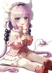  1girl absurdres bangs beads black_hairband blue_eyes blunt_bangs blush capelet dragon_girl dragon_horns dress eyebrows_visible_through_hair food frilled_capelet frills gradient_hair hair_beads hair_ornament hairband highres horns ice_cream ice_cream_cone kanna_kamui kobayashi-san_chi_no_maidragon light_purple_hair long_hair looking_at_viewer low_twintails multicolored_hair on_floor open_mouth pink_hair red_footwear sitting solo tail thigh-highs twintails white_legwear zipgaemi 